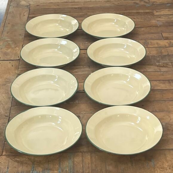 Vintage Cream with Green Trim Enamelware Bowls 7" Set of 8 Country Farmhouse - Picture 2 of 14